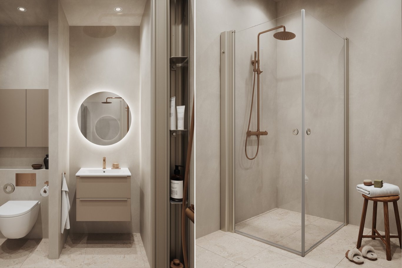 Alterna bad - mørkt tre og blå vegger - bærekraftige materialer